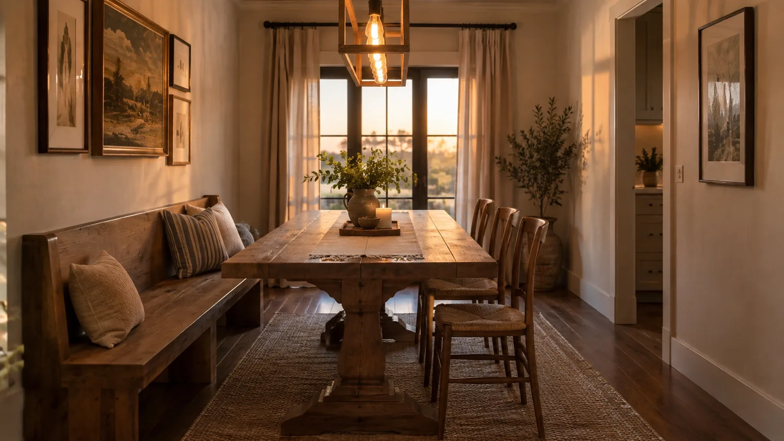 Narrow farmhouse dining room with a bench along the wall and a trestle table
