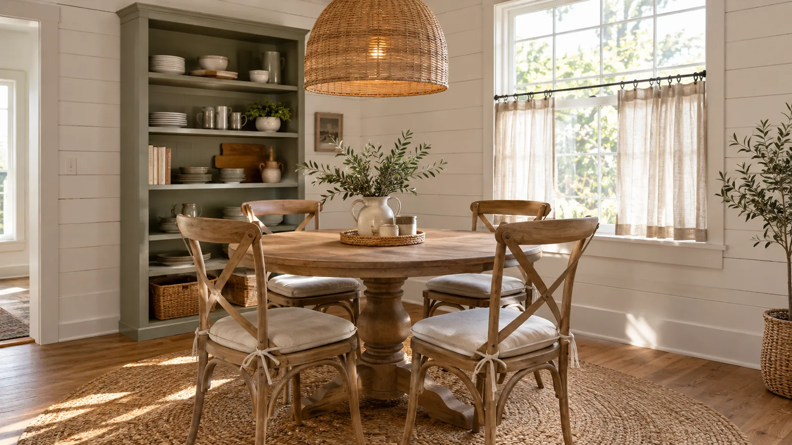 Small farmhouse dining room with a round pedestal table, cross-back chairs, a woven pendant and a jute rug