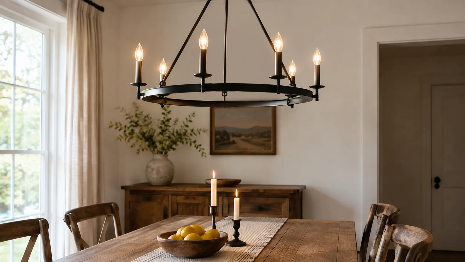 Black metal farmhouse chandelier over a wooden dining table