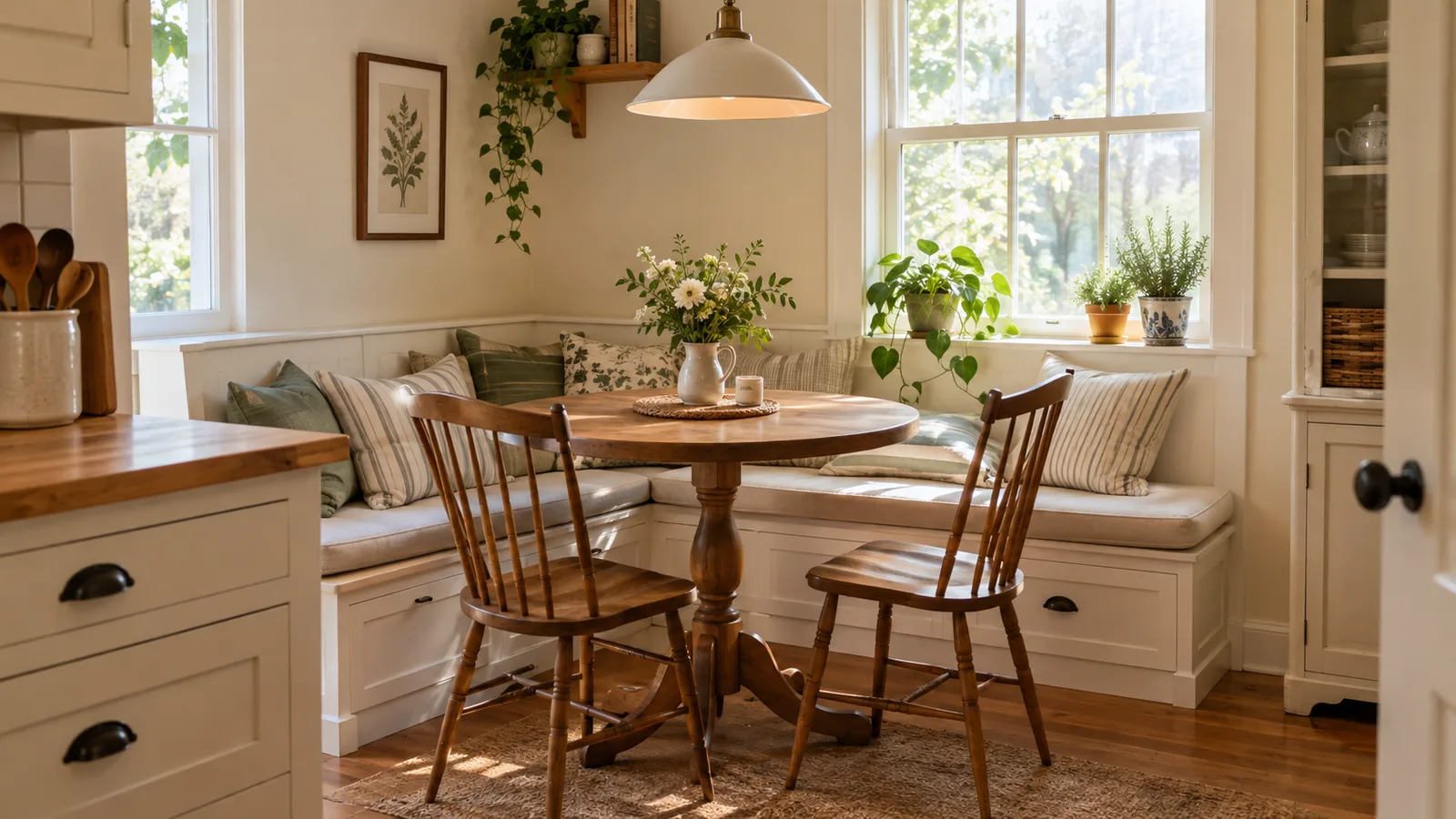 Tiny eat-in farmhouse kitchen corner with built-in bench, round pedestal table and spindle chairs