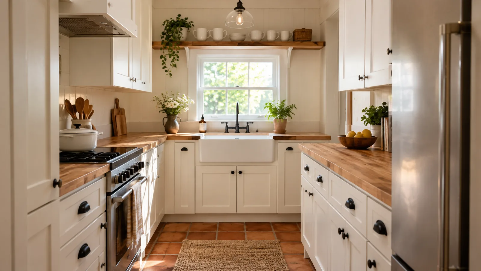 Small farmhouse galley kitchen with white cabinets, a compact apron sink, open wood shelf and a window