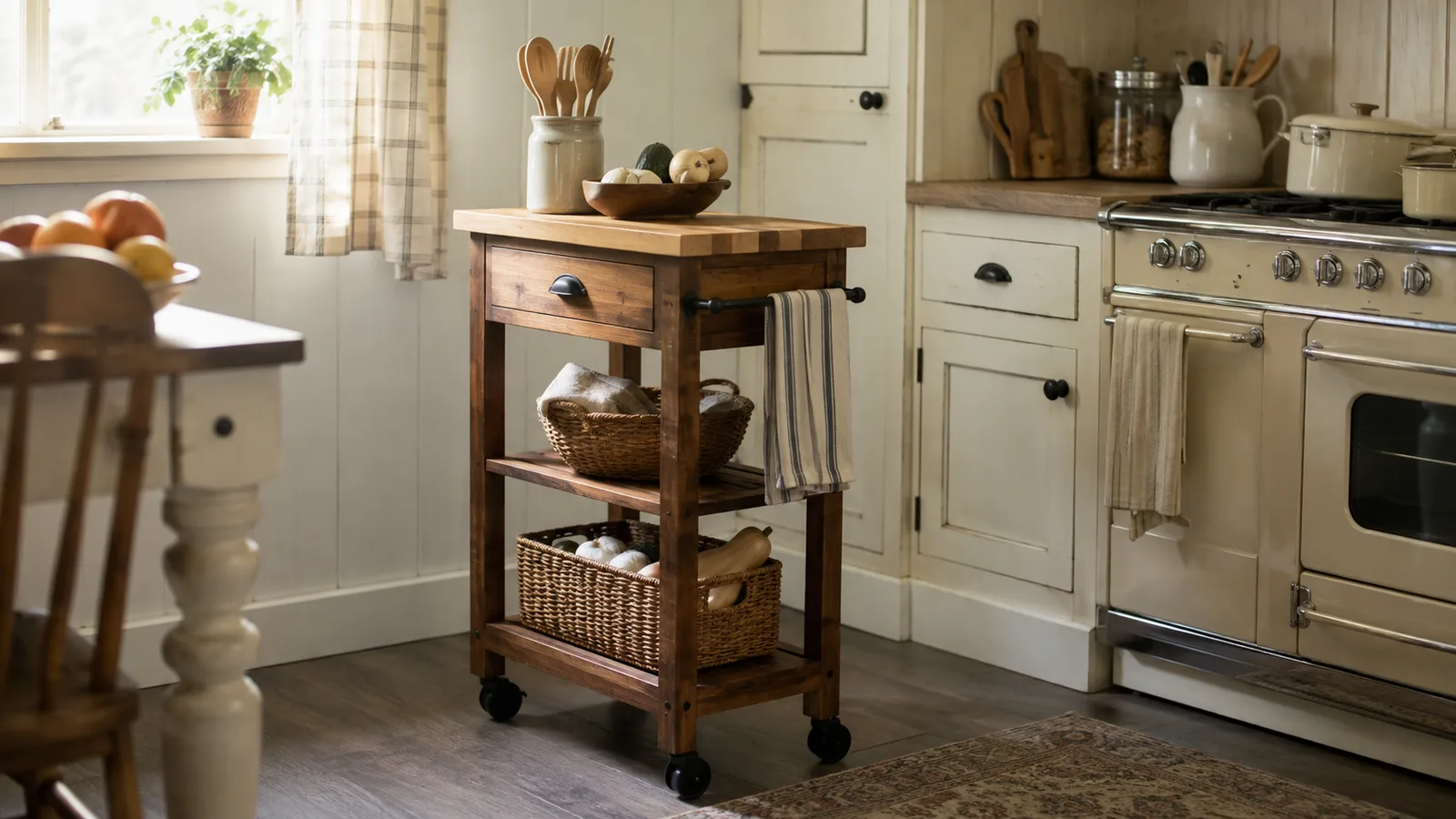 Narrow wooden rolling kitchen cart with butcher block top and baskets in a country kitchen