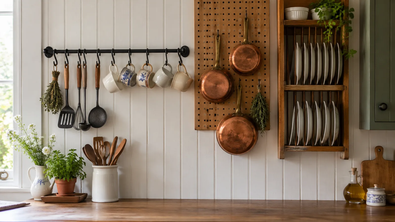 Black iron rail with hanging utensils and mugs, pegboard with copper pans and a plate rack on a beadboard wall