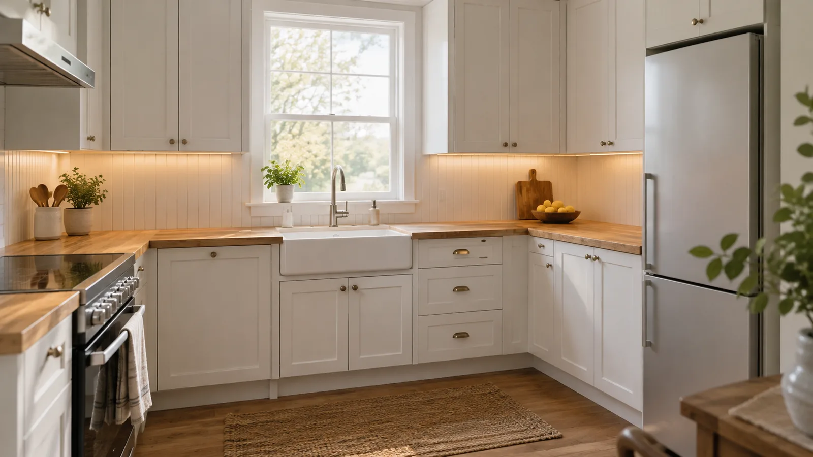 Small L-shaped kitchen with white cabinets, wood counters, under-cabinet lighting and a window over the sink
