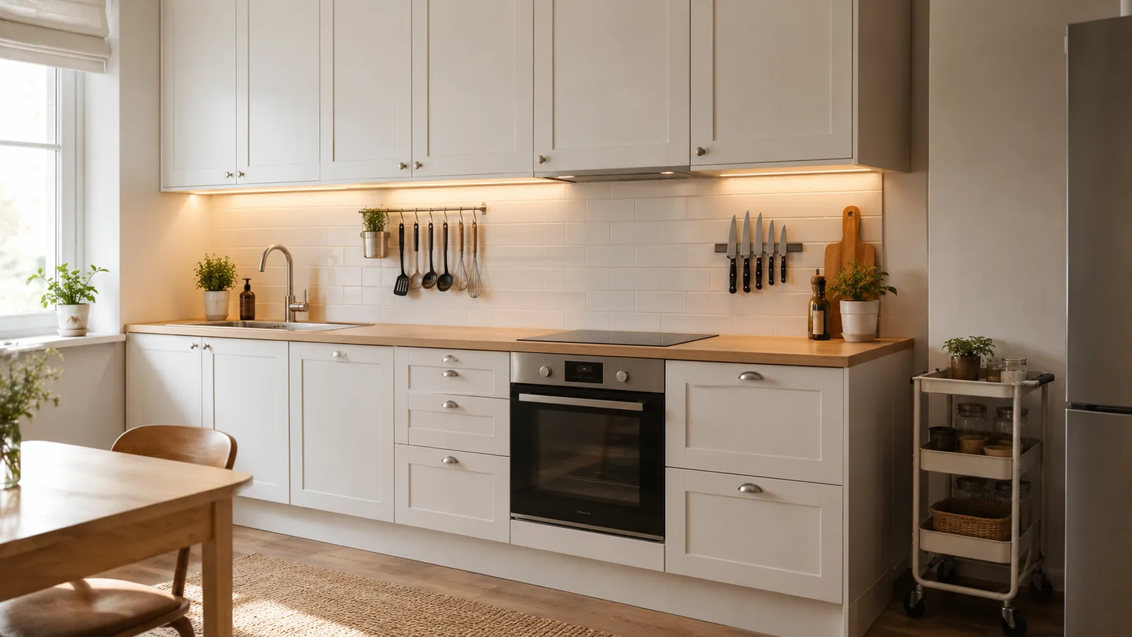 Bright small kitchen with white cabinets, a magnetic knife strip, hanging utensil rail and under-cabinet lighting