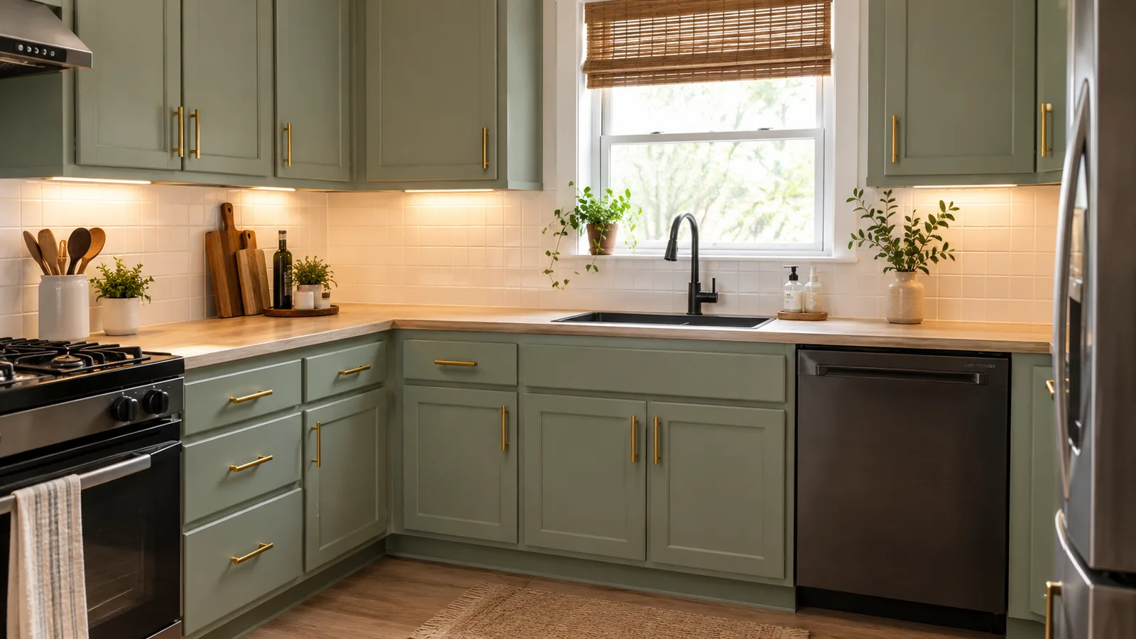 Small budget-friendly kitchen remodel with freshly painted sage cabinets, new brass hardware and a white tile backsplash