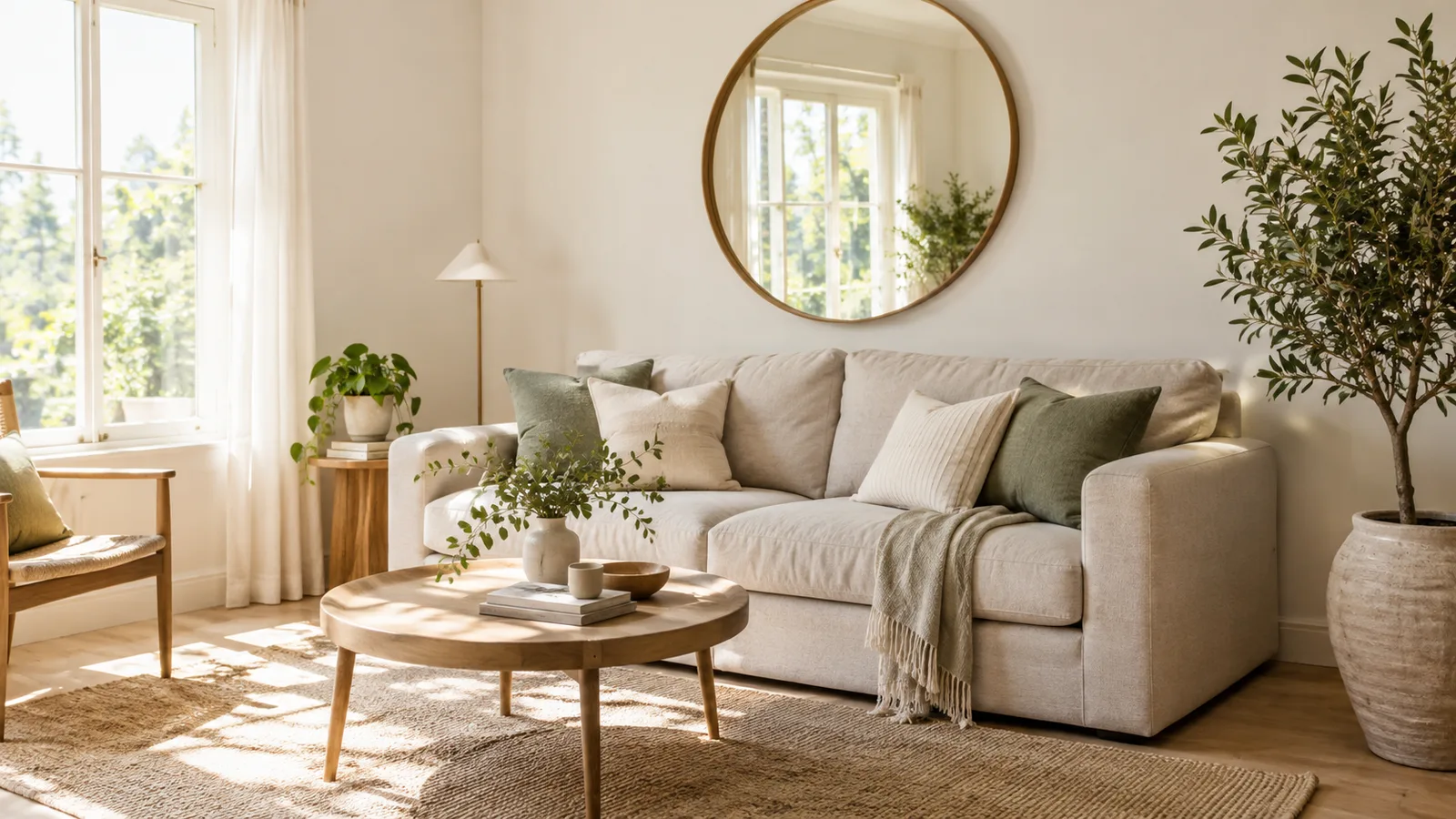 Small living room painted a soft warm white with linen sofa, light wood floor and sunlight from a window