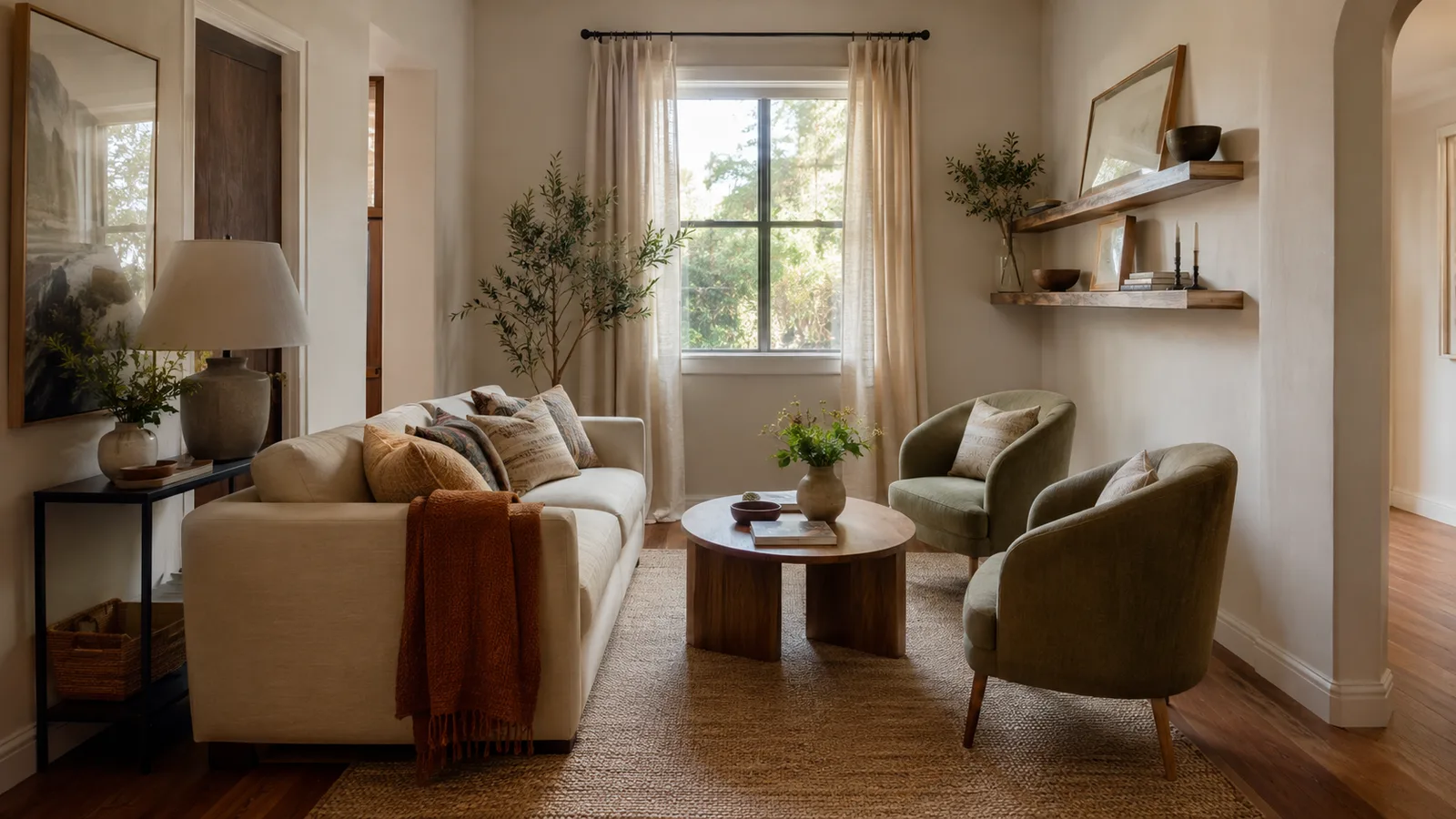 Small living room with a compact sofa facing two armchairs around a round coffee table on a large rug