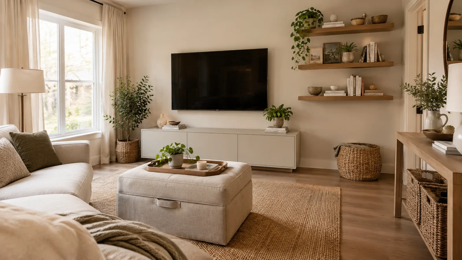 Small living room with a closed media console, shallow floating shelves and a storage ottoman with baskets underneath a console table
