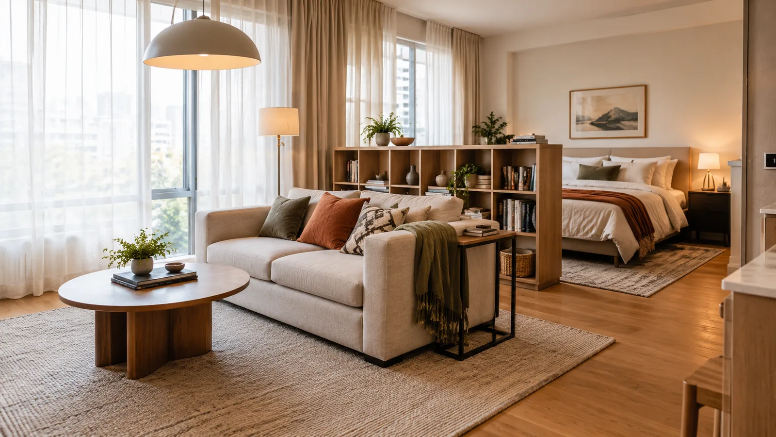 Studio apartment with a living area defined by a rug, a sofa with a console behind it and a low bookshelf separating the bed