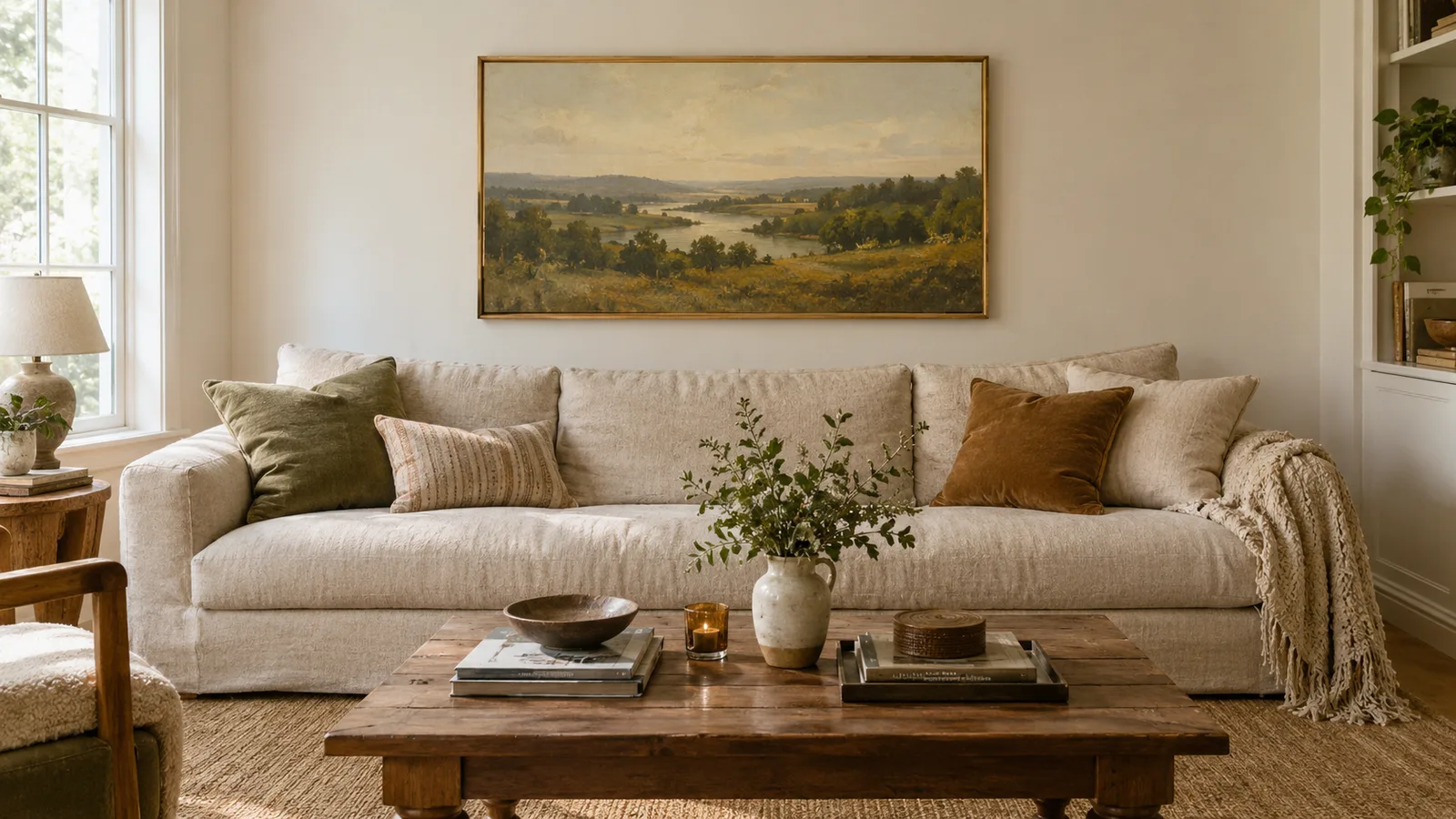 Living room with a large framed landscape painting hung above a long linen sofa