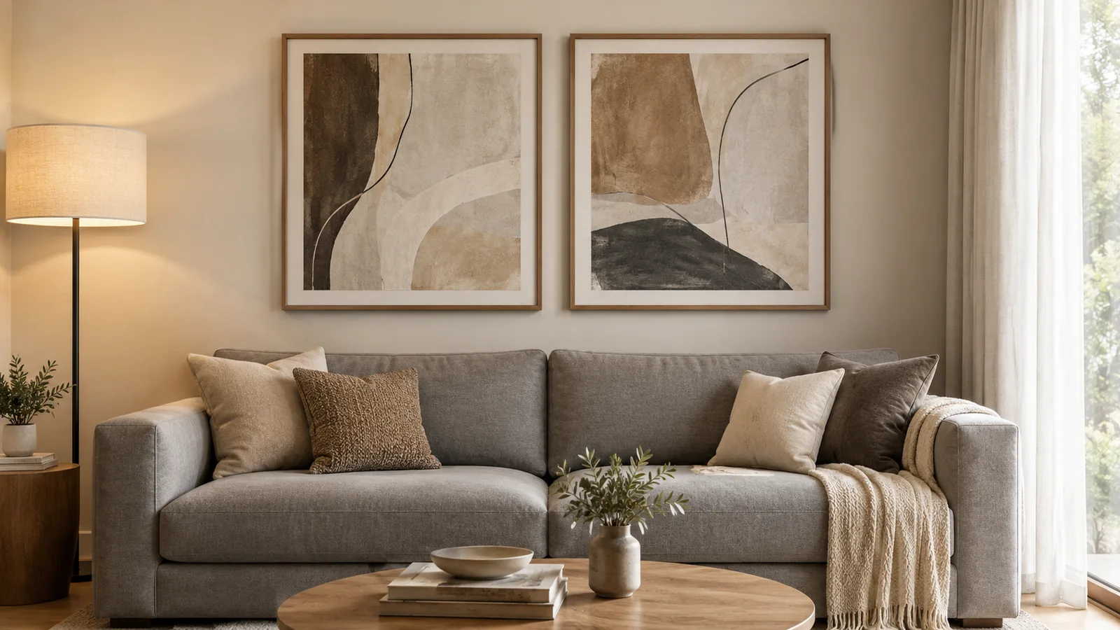 A pair of framed prints side by side above a gray sofa