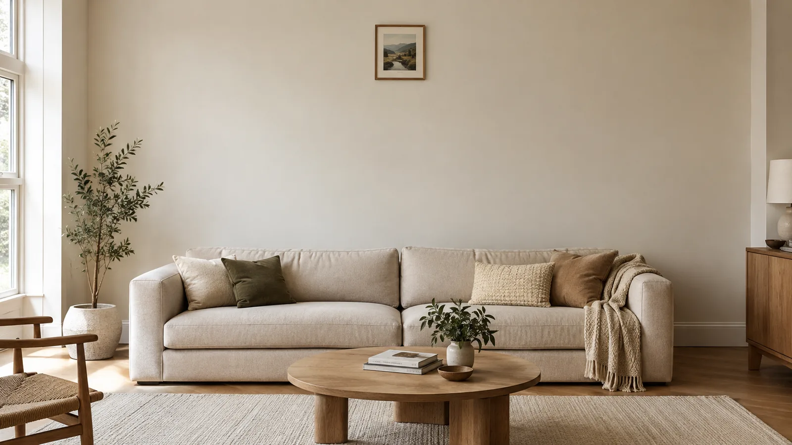 A small print hung too high above a long sofa
