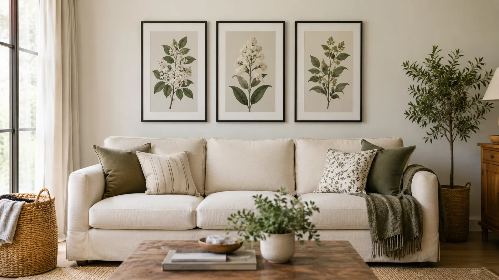 Three portrait botanical prints in a row above a cream sofa
