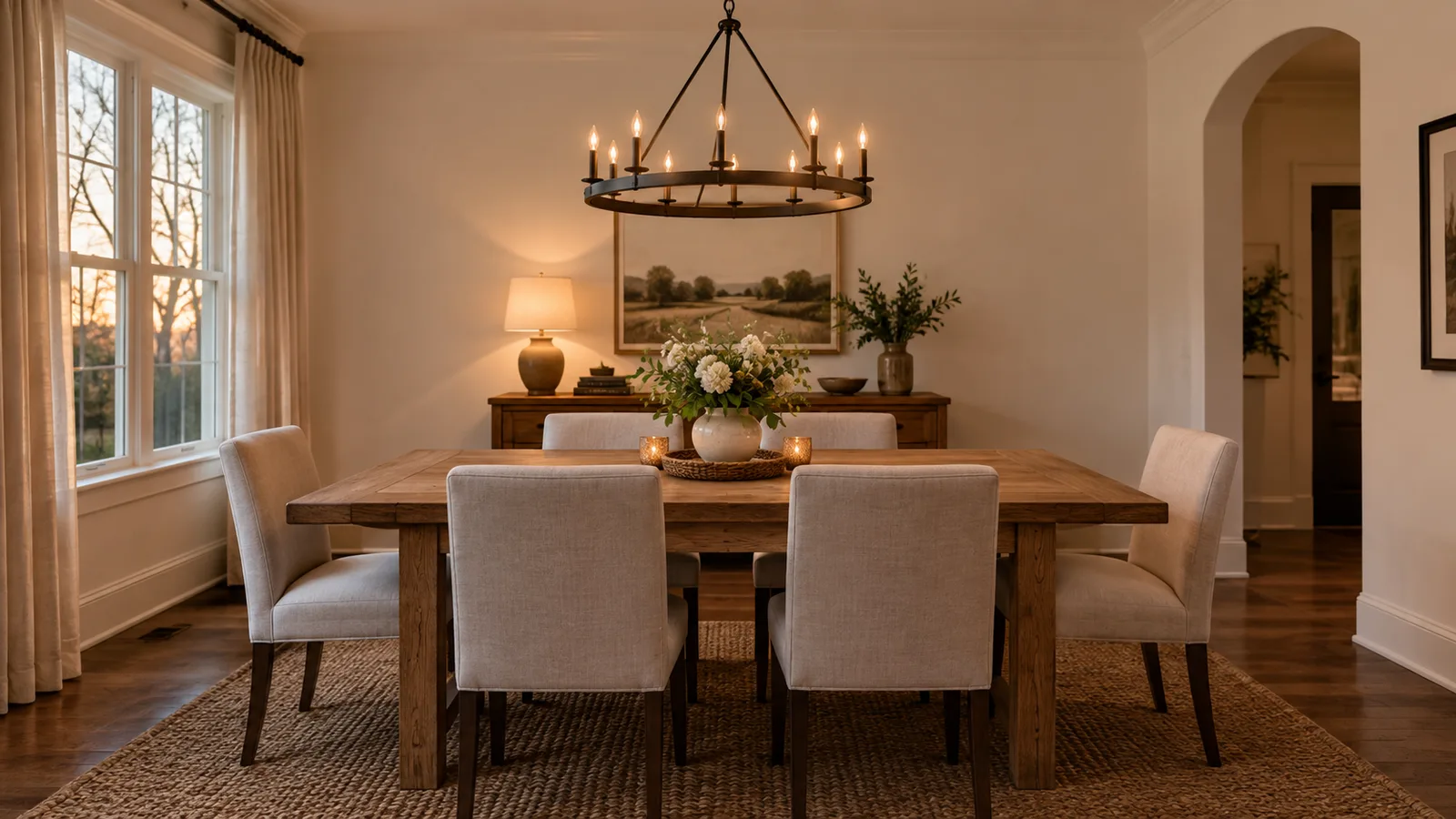 Dining room with a round iron chandelier centered over a wood table at a balanced size and height