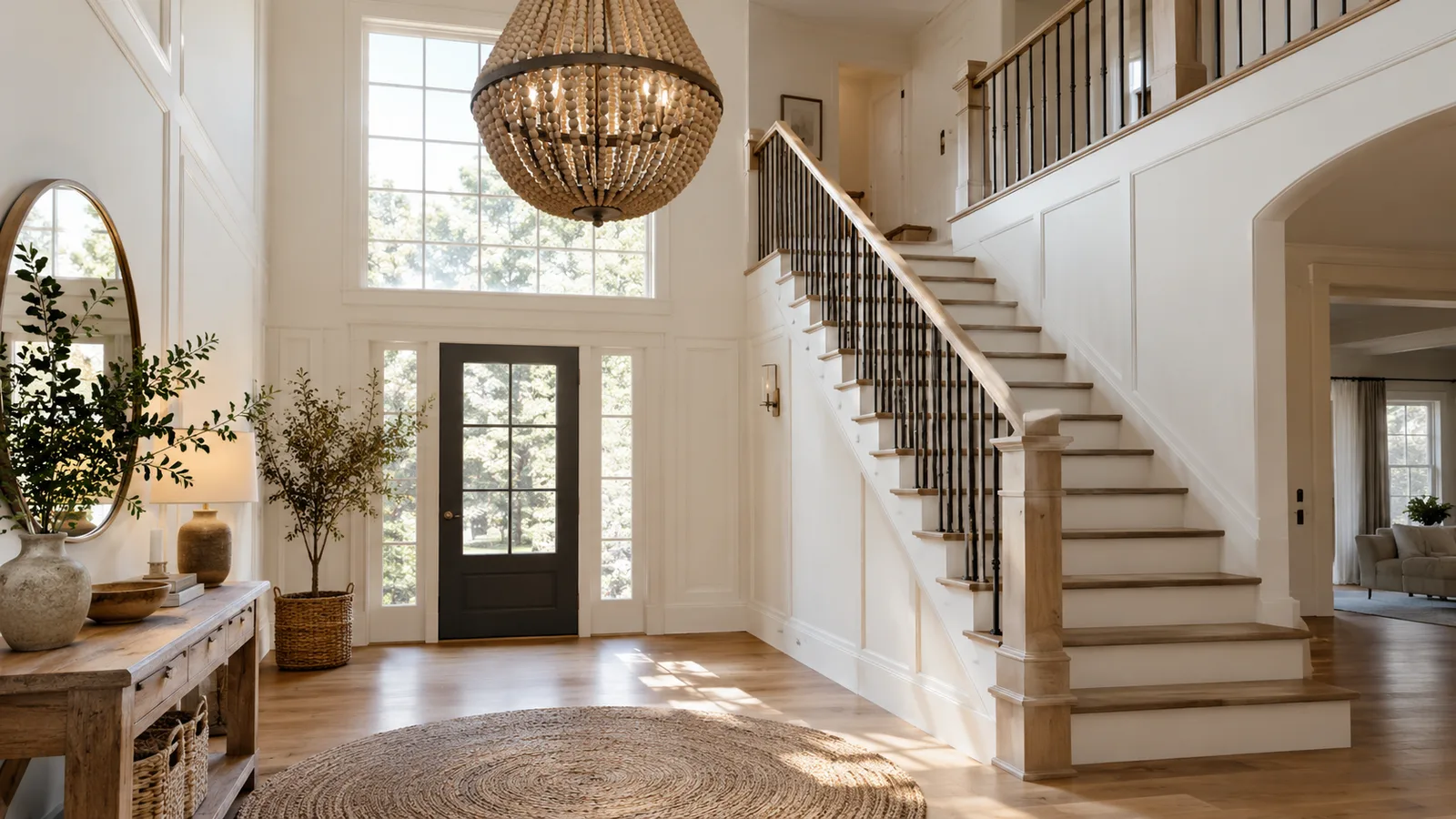 Two-story foyer with a large round beaded chandelier hanging high above a console and rug