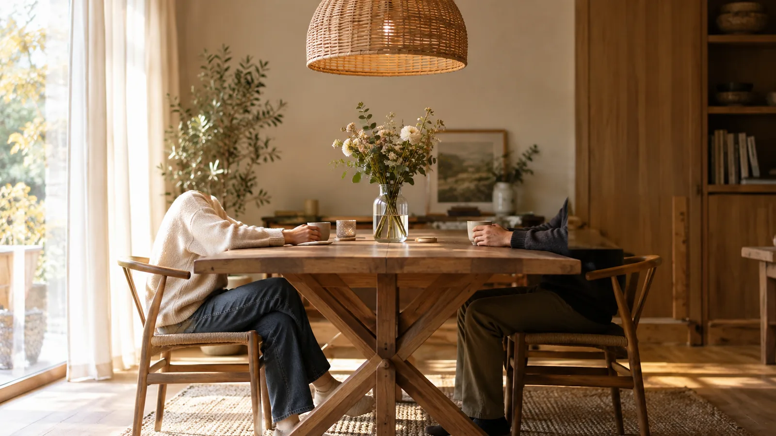 Rattan pendant over a dining table with room for a vase and clear sightlines across the table