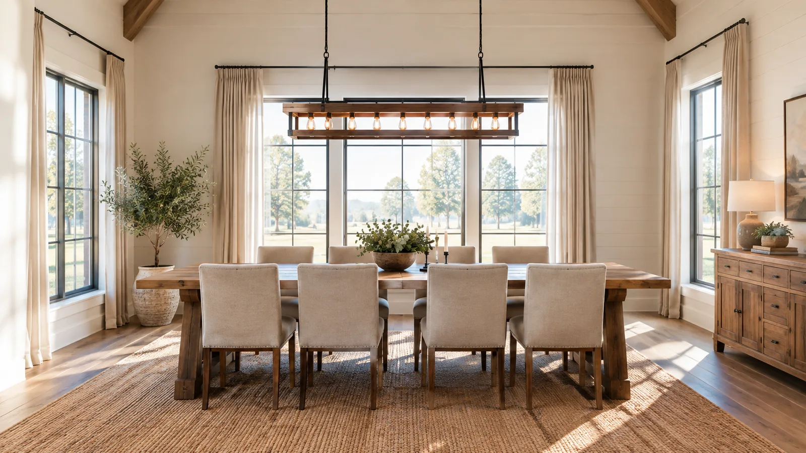 Long farmhouse dining table with a linear wood and iron chandelier that's shorter than the table