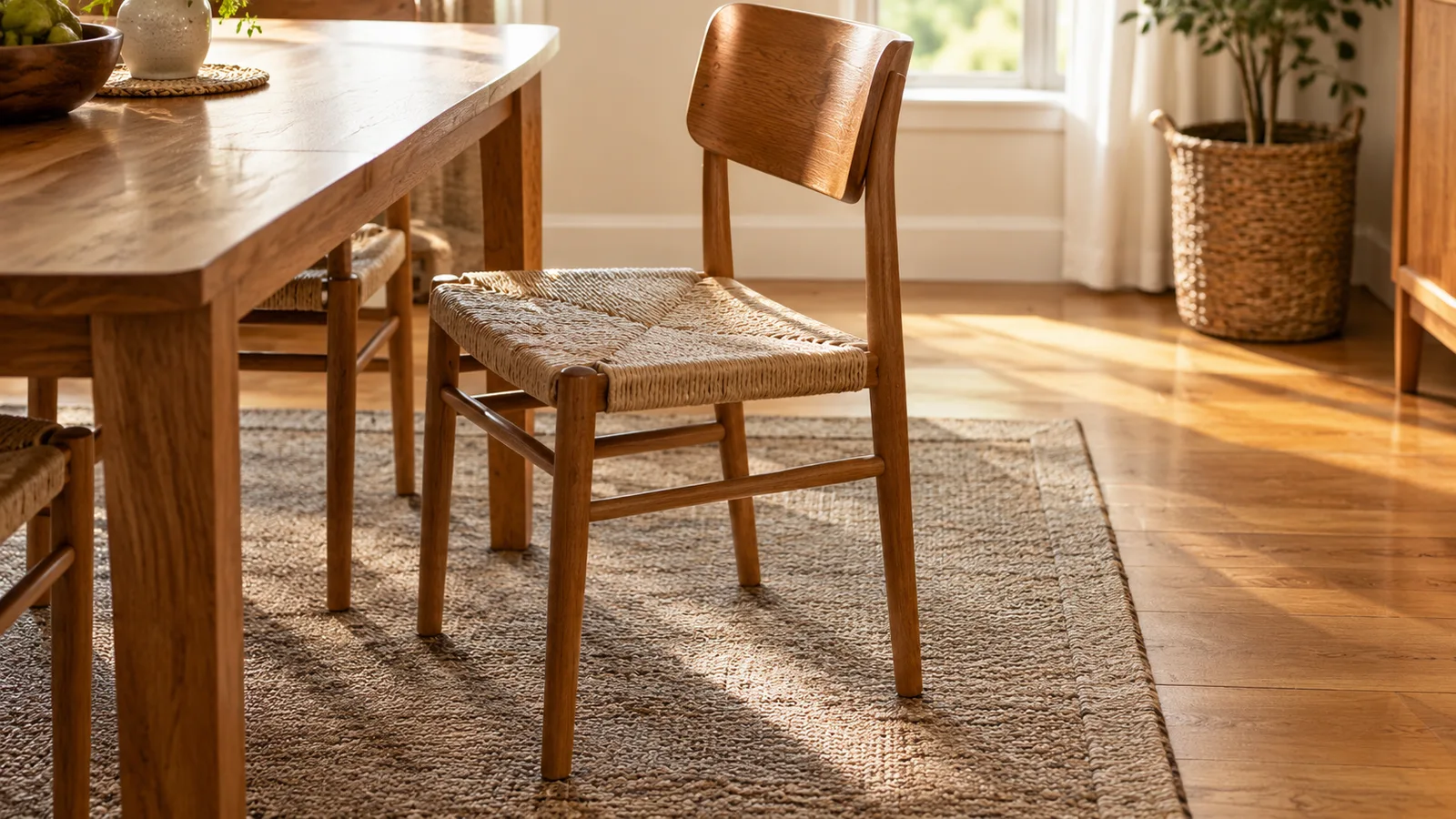A dining chair pulled out from the table with all four legs still on a flat woven rug