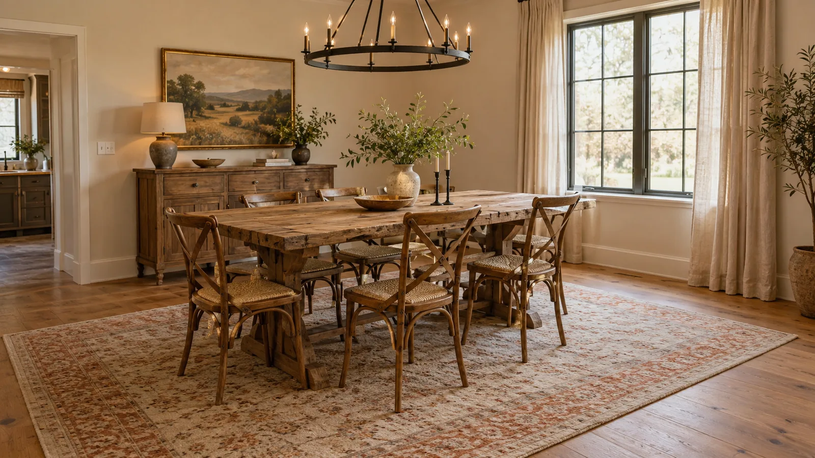 Farmhouse dining room with a rectangular wood table and six chairs fully on a large flatweave rug
