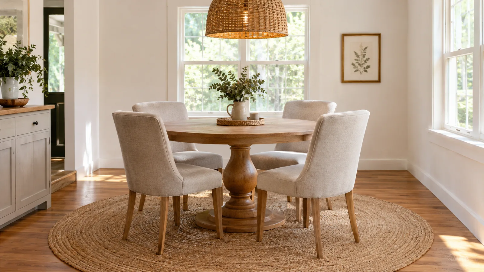 A round pedestal table with four chairs on a large round jute rug