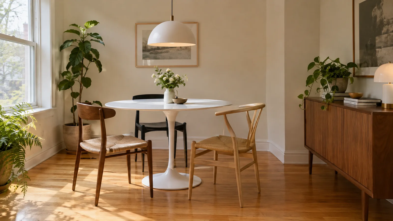 A small dining area with a round table on a bare wood floor
