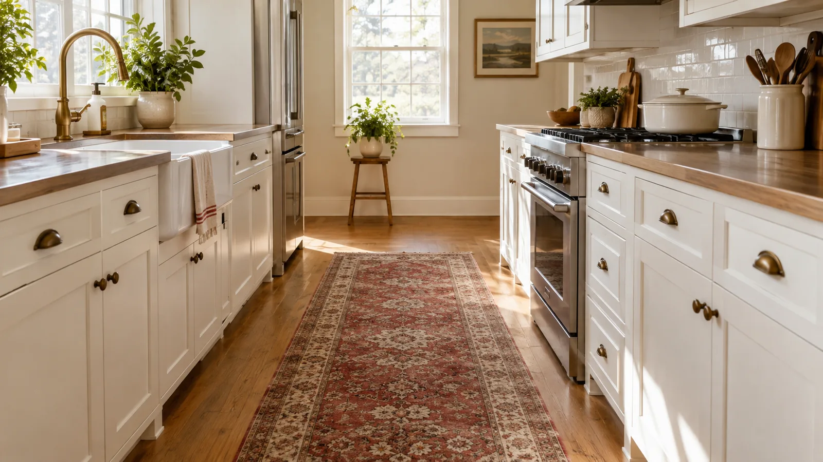 Vintage-style washable runner rug along a galley kitchen aisle with white cabinets on both sides