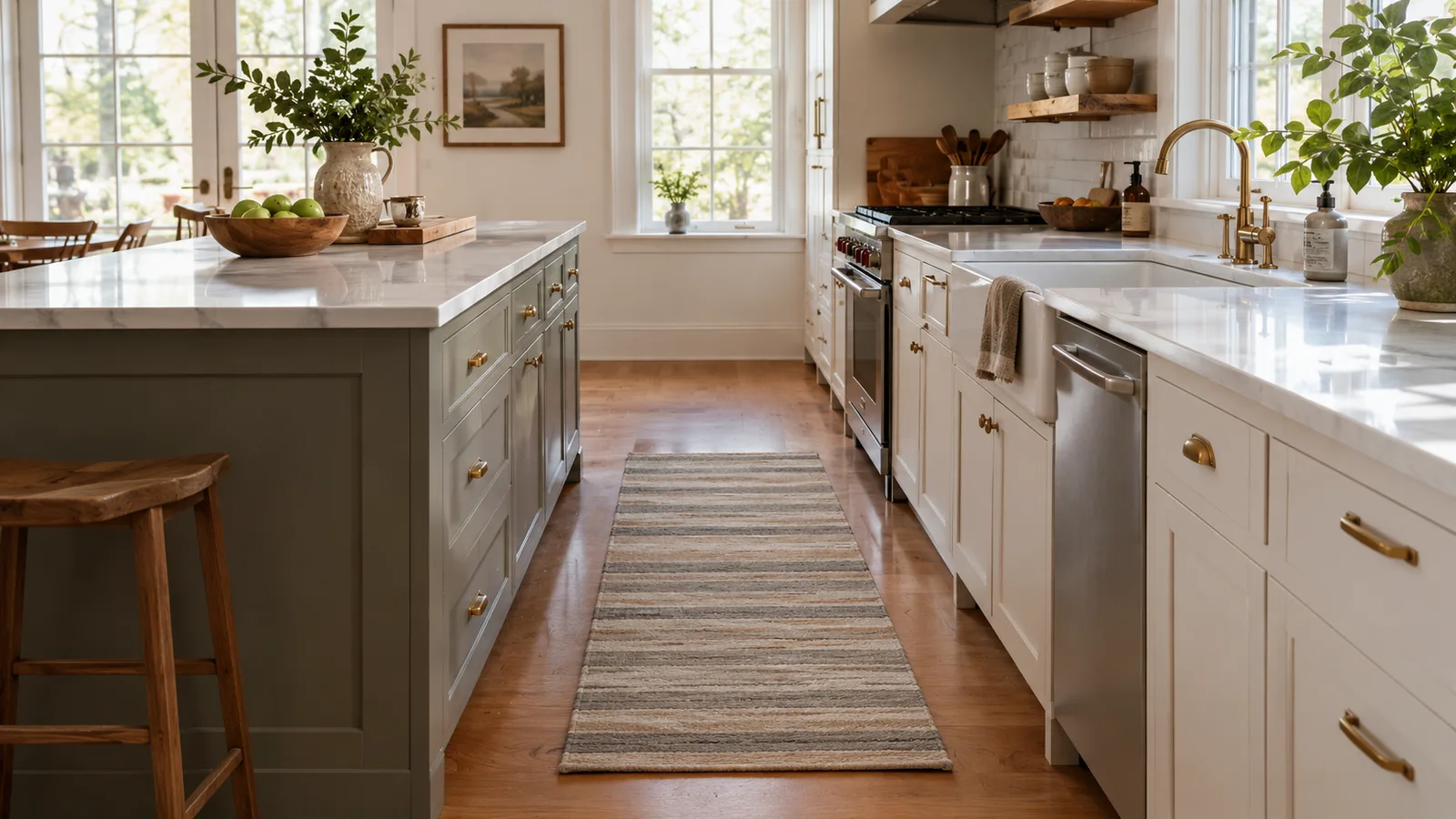 Flat-weave striped runner in the work aisle between a kitchen island and the sink counter