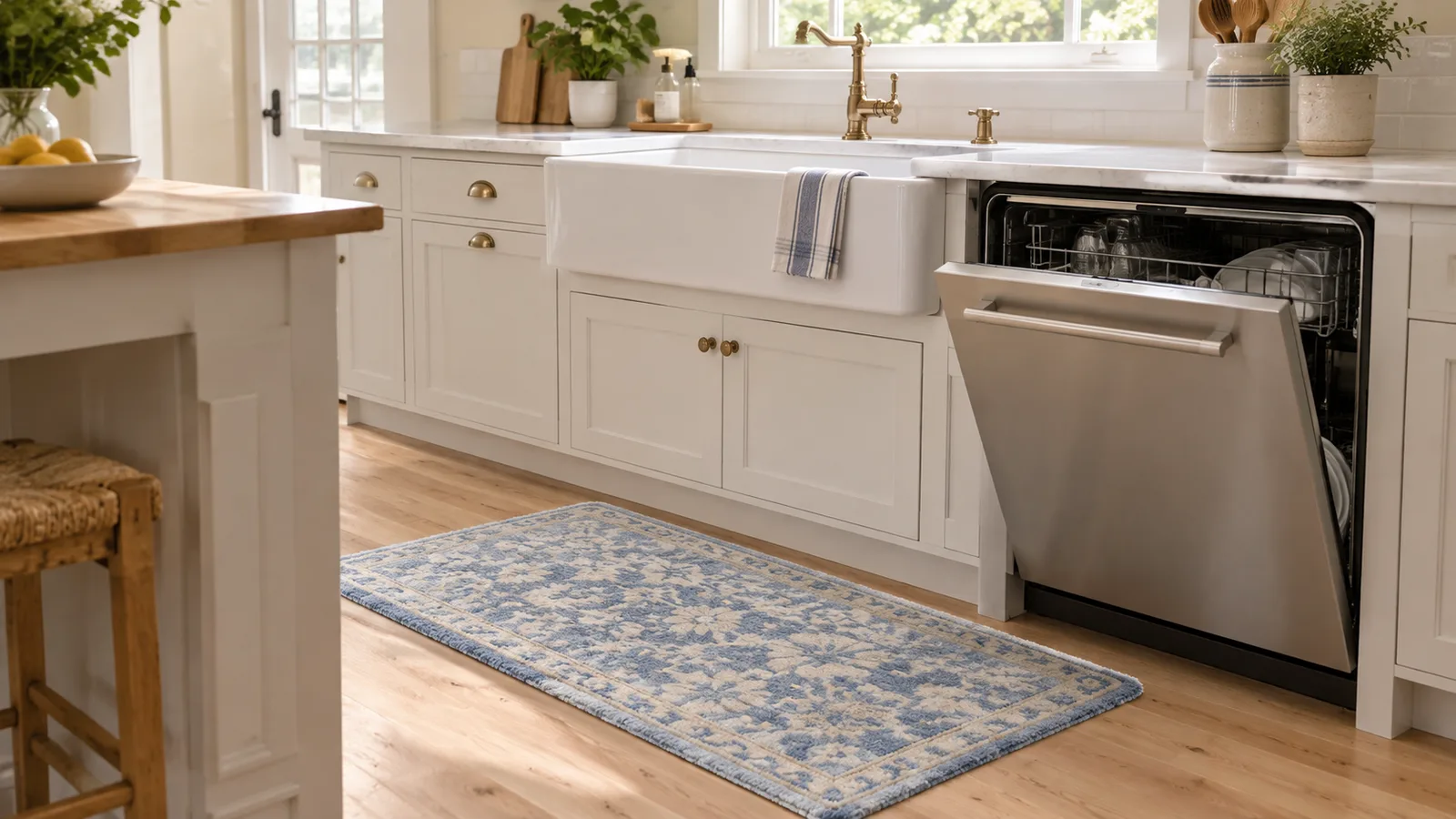 Small blue and white washable rug in front of a farmhouse sink next to an open dishwasher