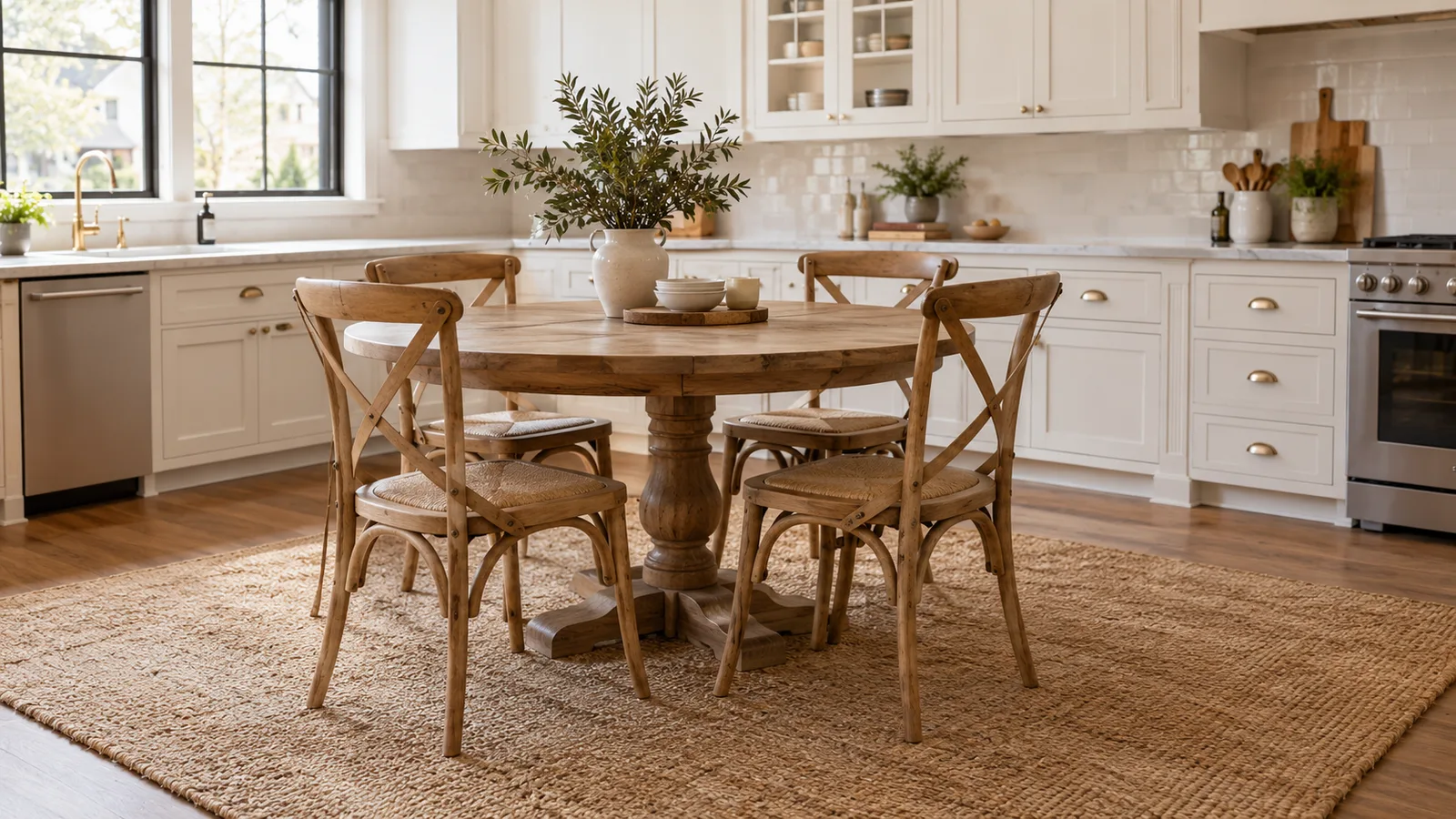 Round wooden kitchen table and chairs on a large low-pile rug extending past the chairs
