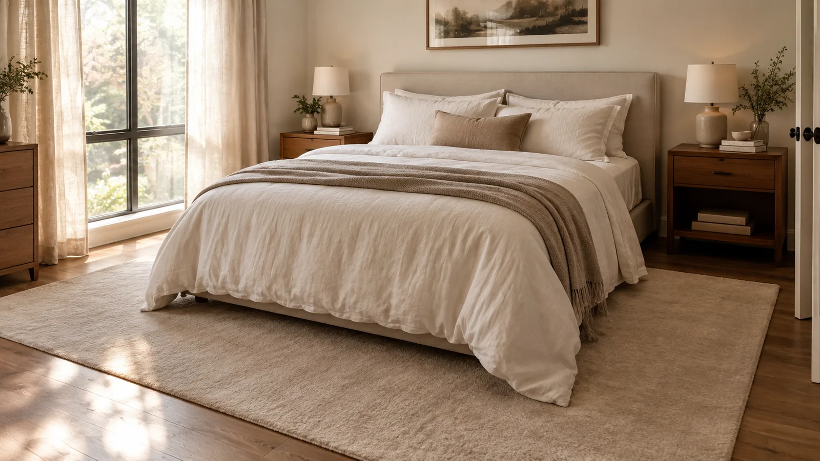 A queen bed with a large neutral rug extending well beyond both sides