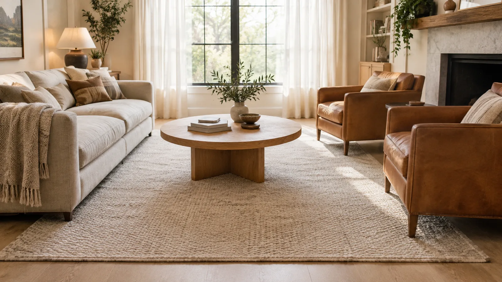 Cozy living room with a large neutral wool area rug under the front legs of a linen sofa and two armchairs