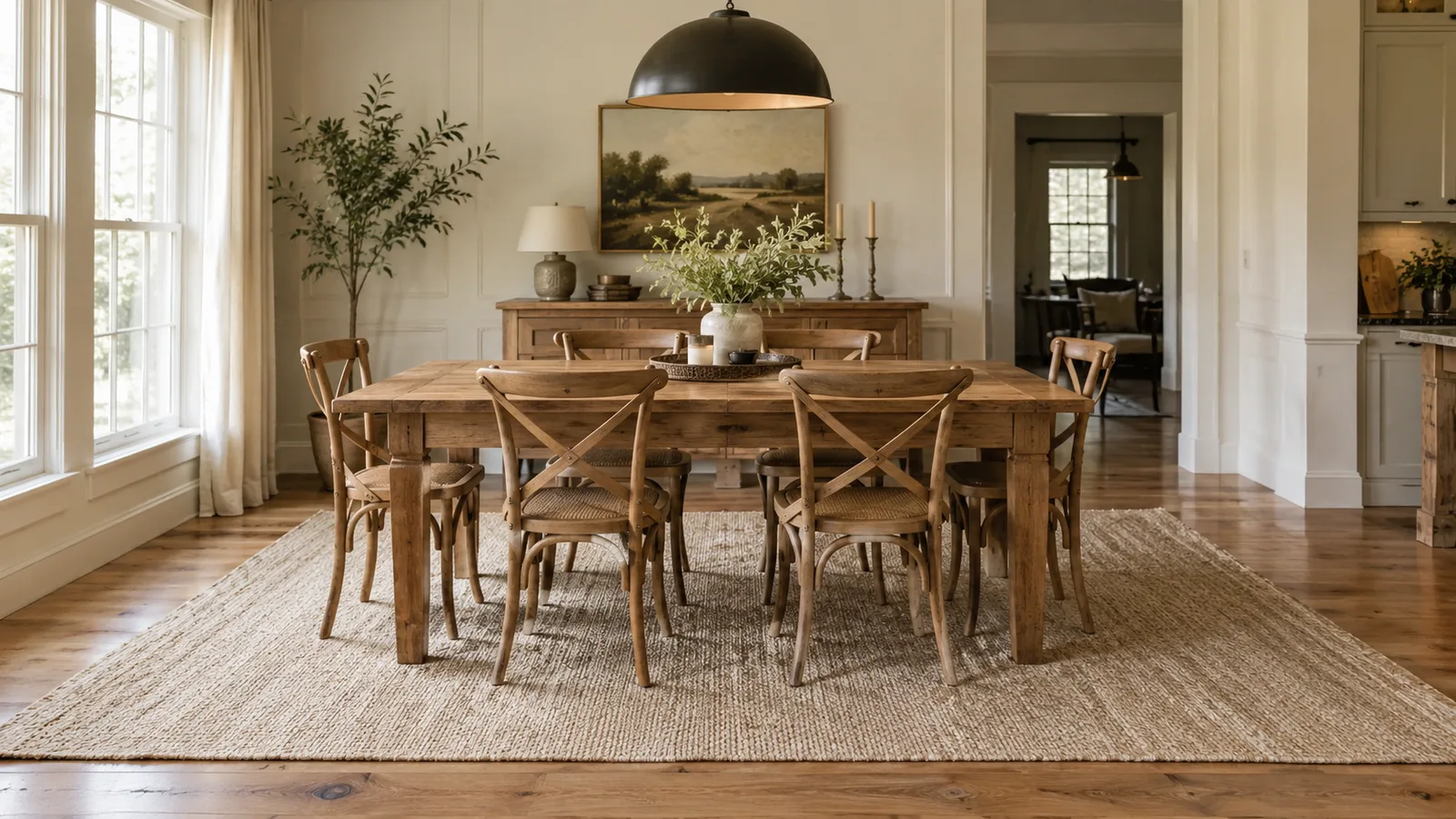 A rectangular farmhouse dining table with chairs sitting fully on a large flatweave rug
