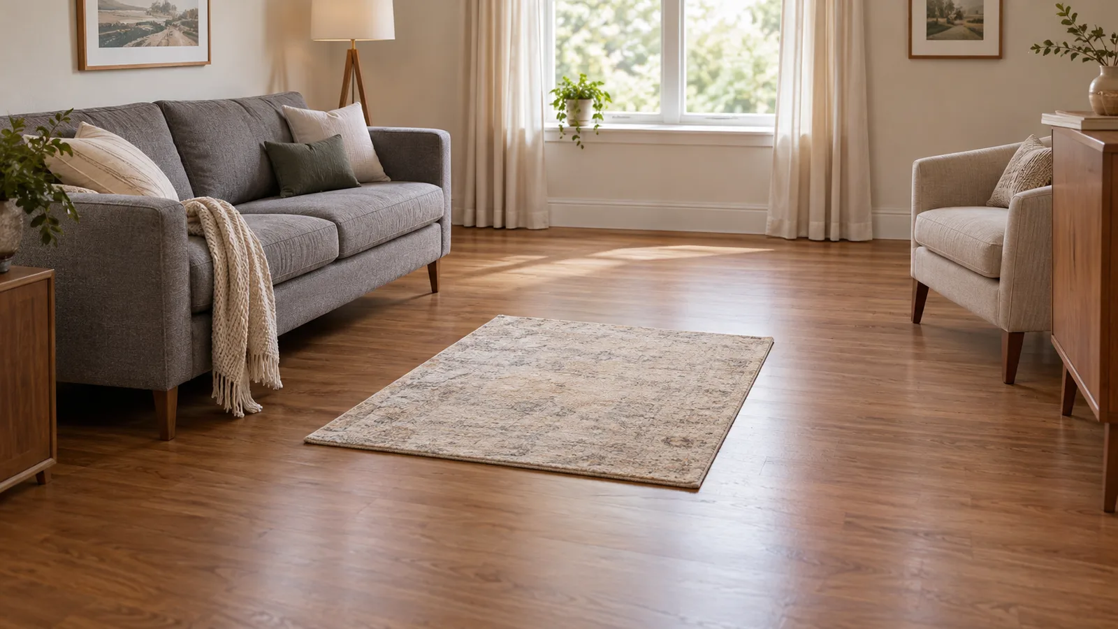 A small rug floating in front of a gray sofa with lots of bare floor around it