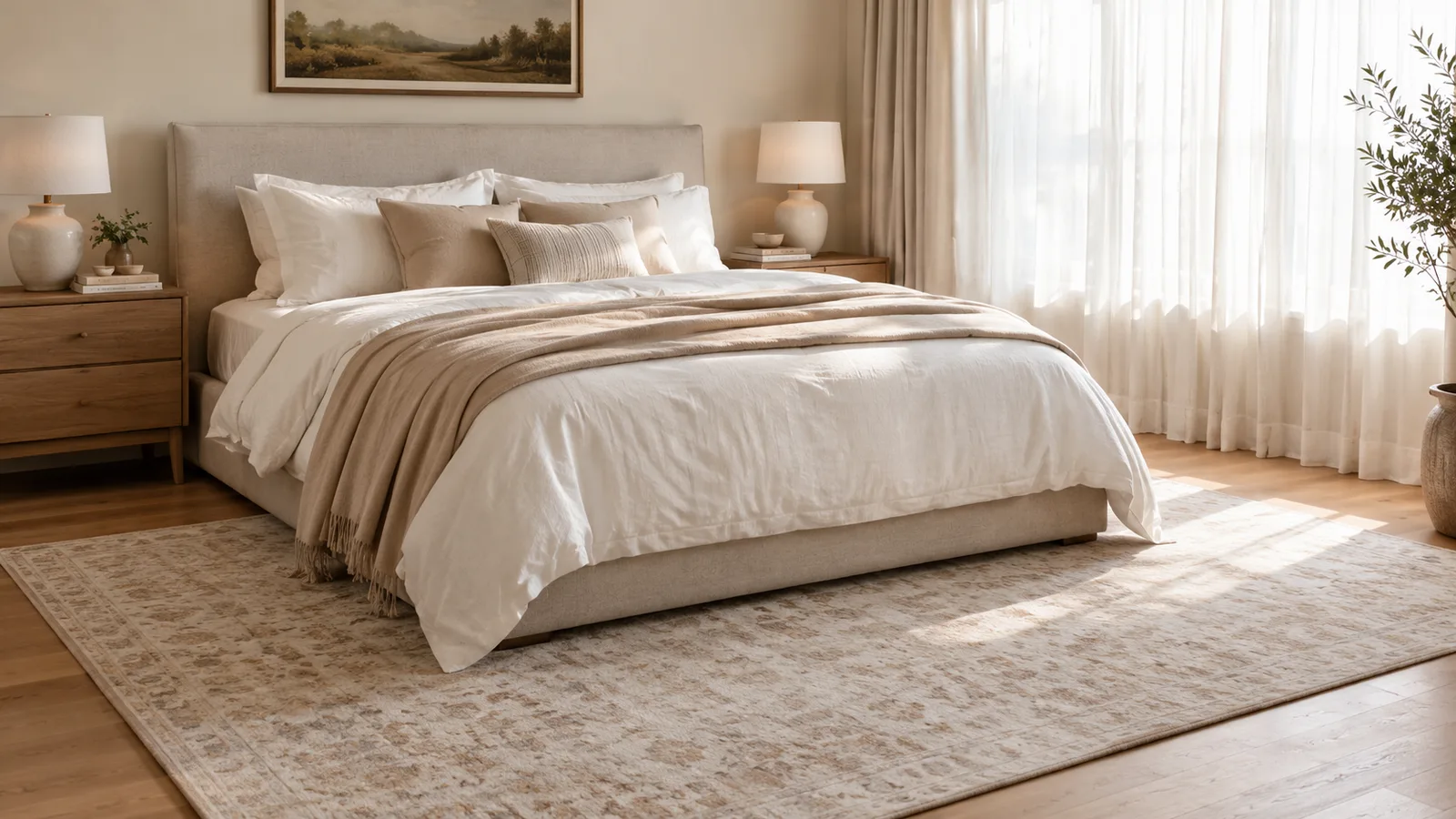 Bedroom with a queen bed and a large soft area rug placed sideways under the lower two-thirds of the bed