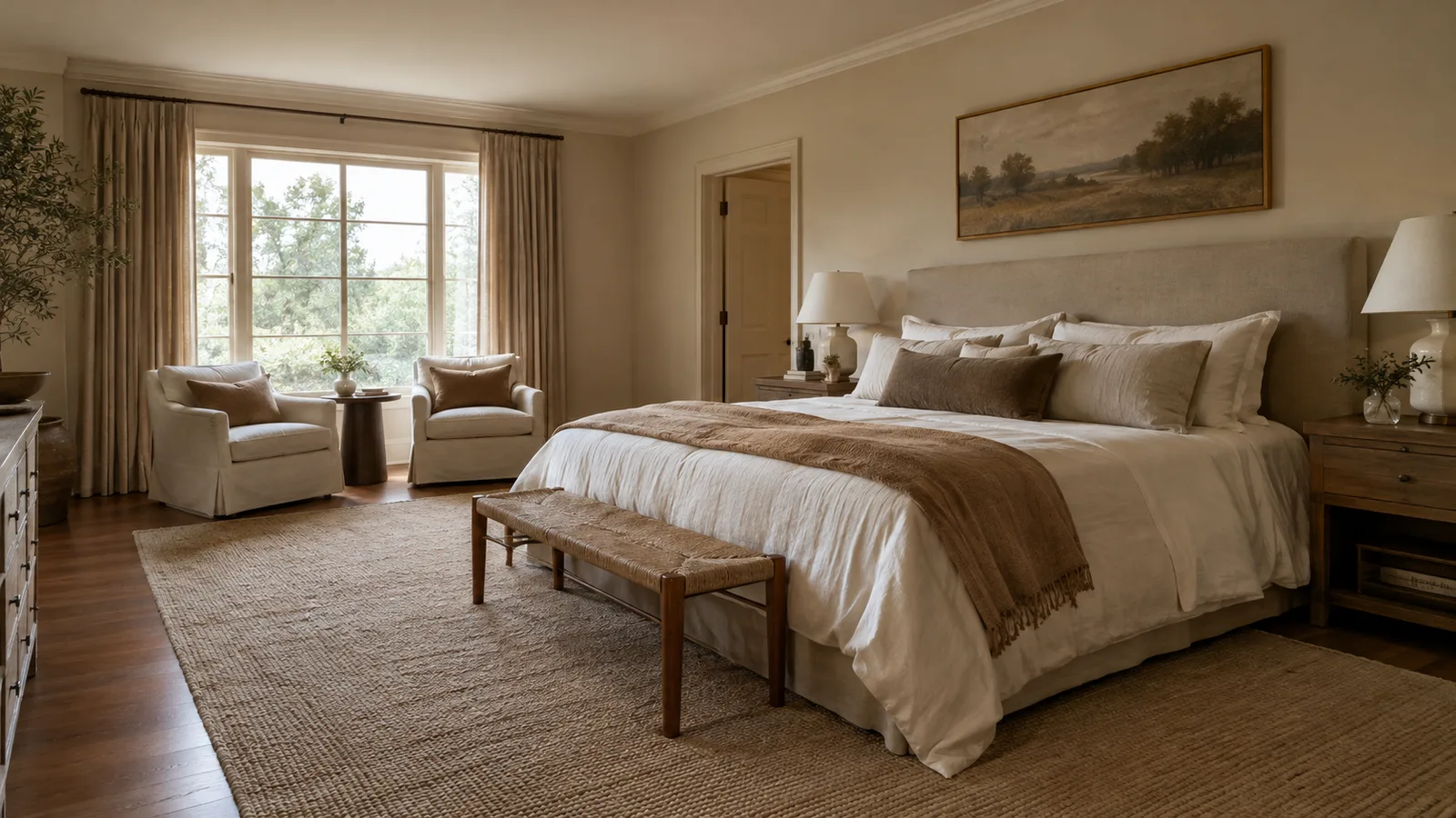 A spacious bedroom with a king bed on a large 9x12 wool rug