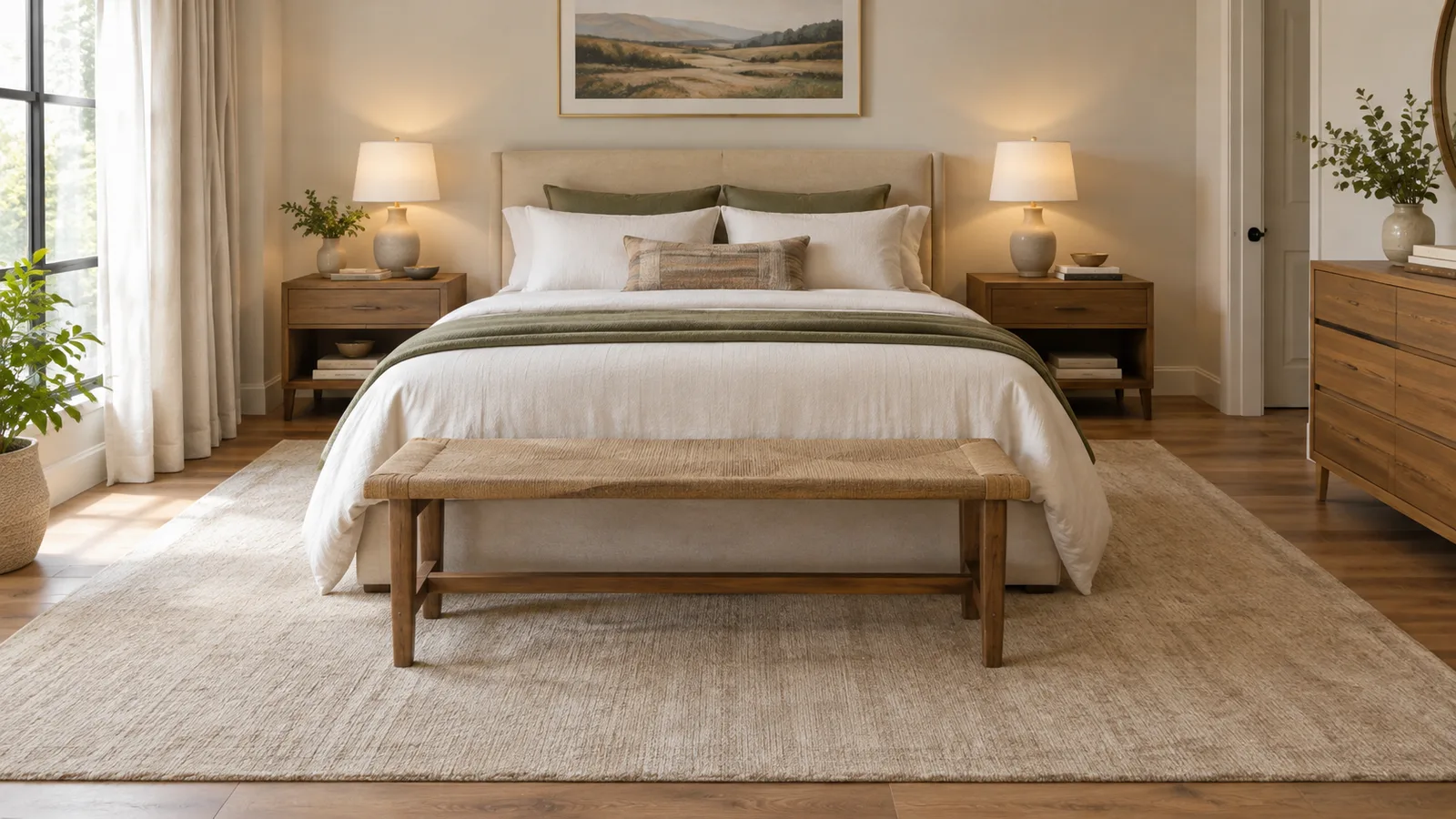 View from the foot of a bed with a large rug extending past the sides and foot of the bed