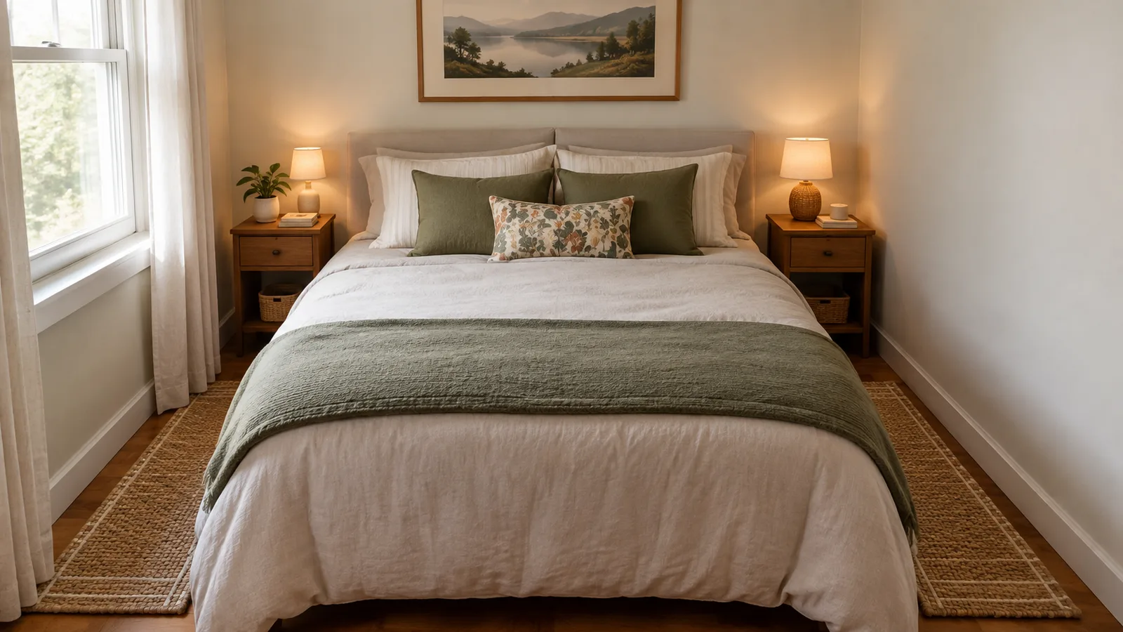 A small bedroom with narrow runner rugs along both sides of a queen bed