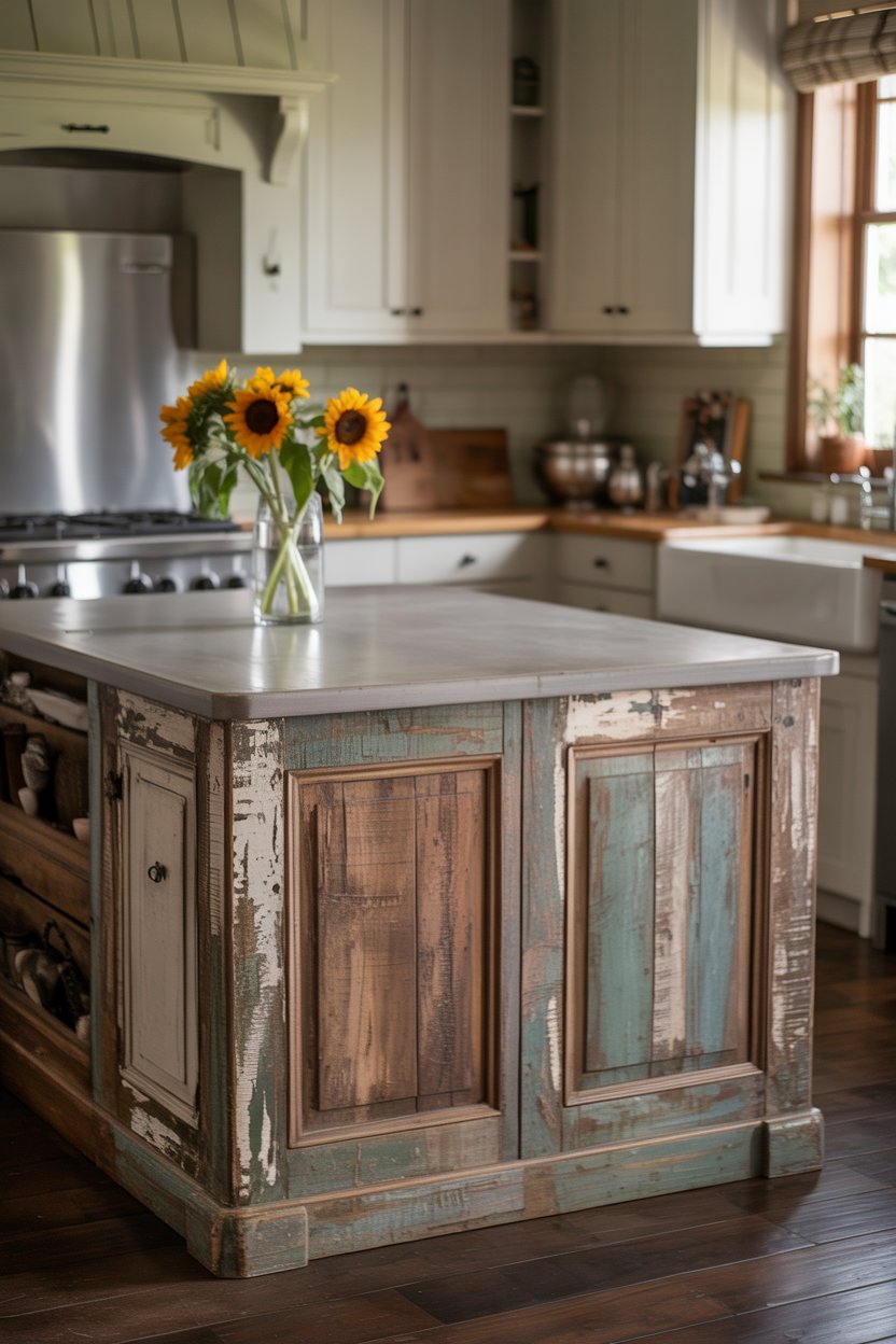 Distressed wood kitchen island