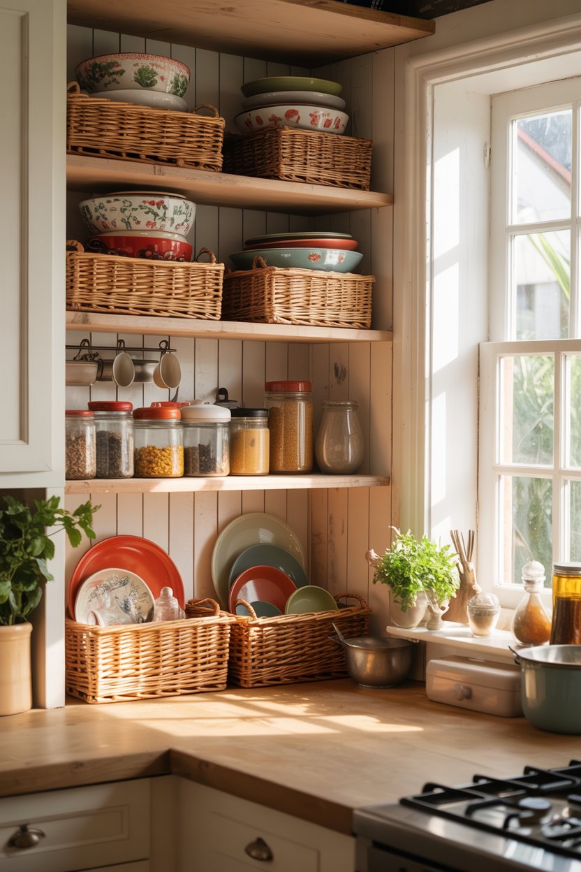Open pantry with wicker baskets