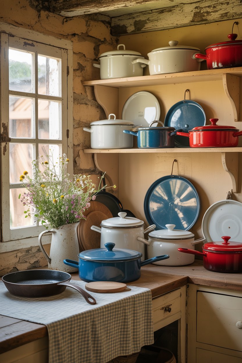 Vintage enamel cookware displayed