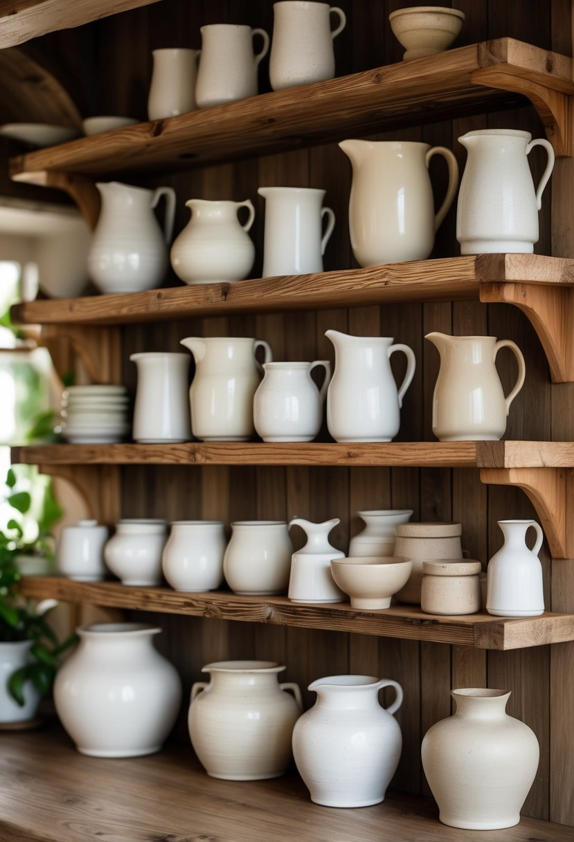 Open shelving with ceramic pitchers and jars