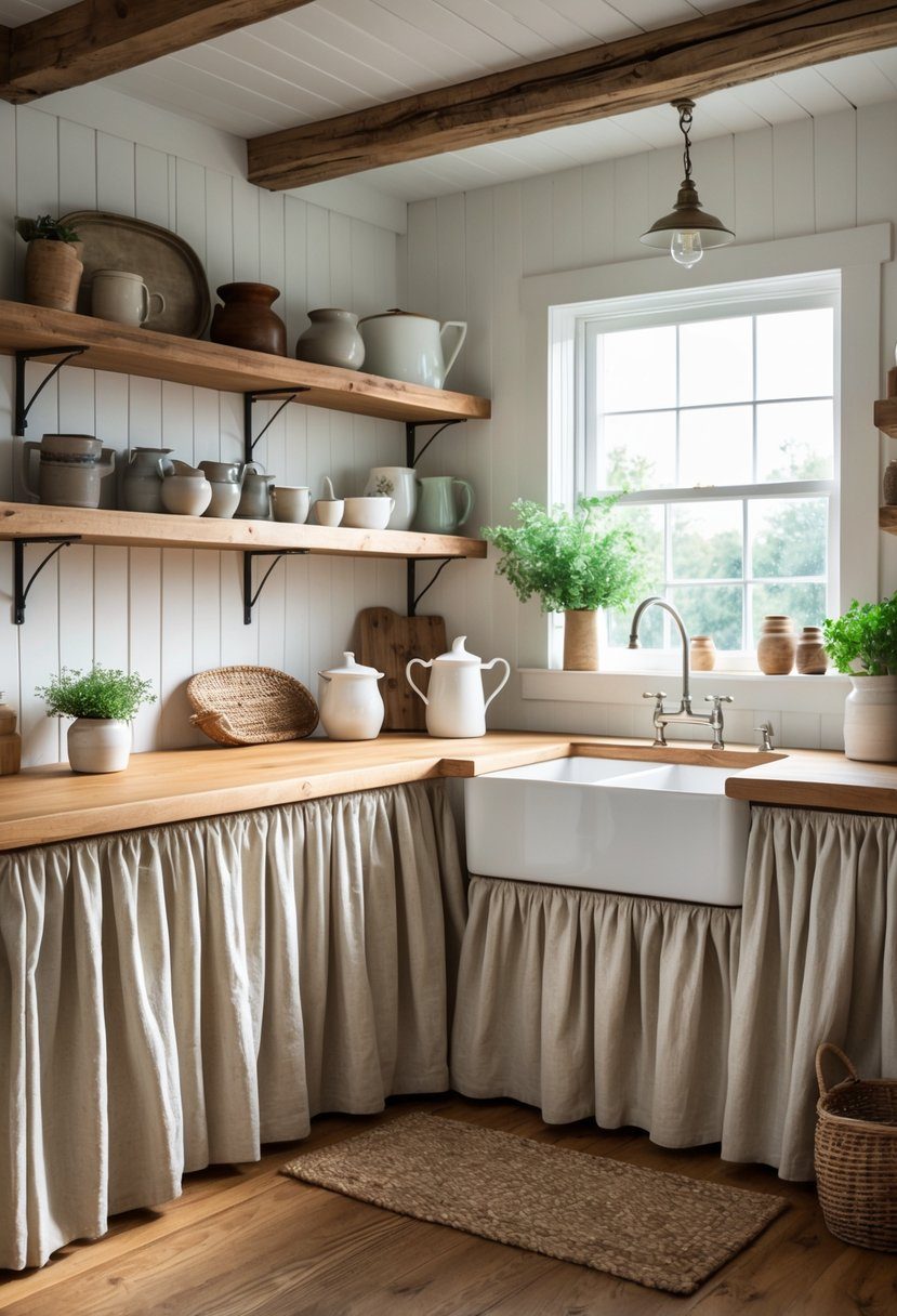 Skirted lower cabinets with fabric panels