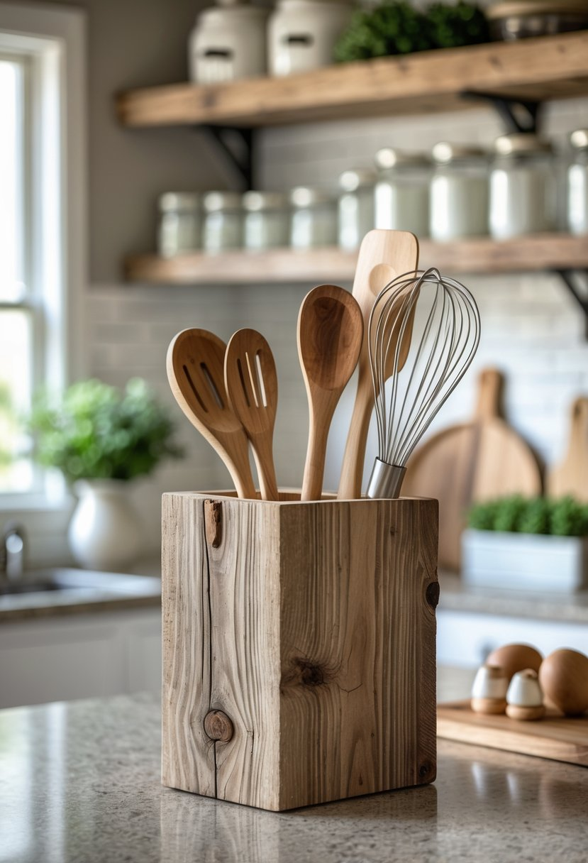 Rustic wooden utensil holder