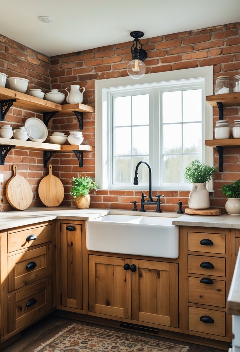 Exposed brick backsplash