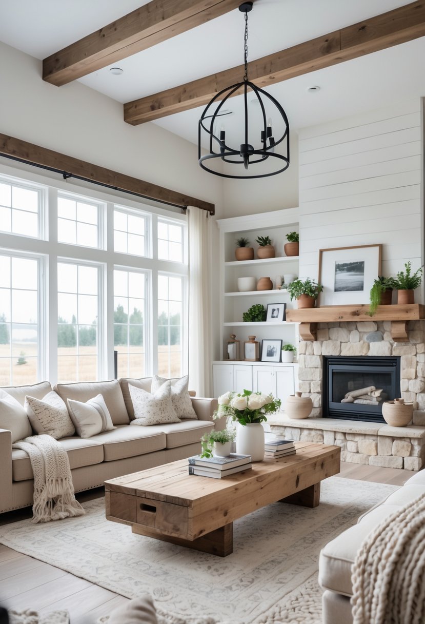 A bright and spacious living room with a beige sofa, wooden coffee table, fireplace, and large windows letting in natural light.