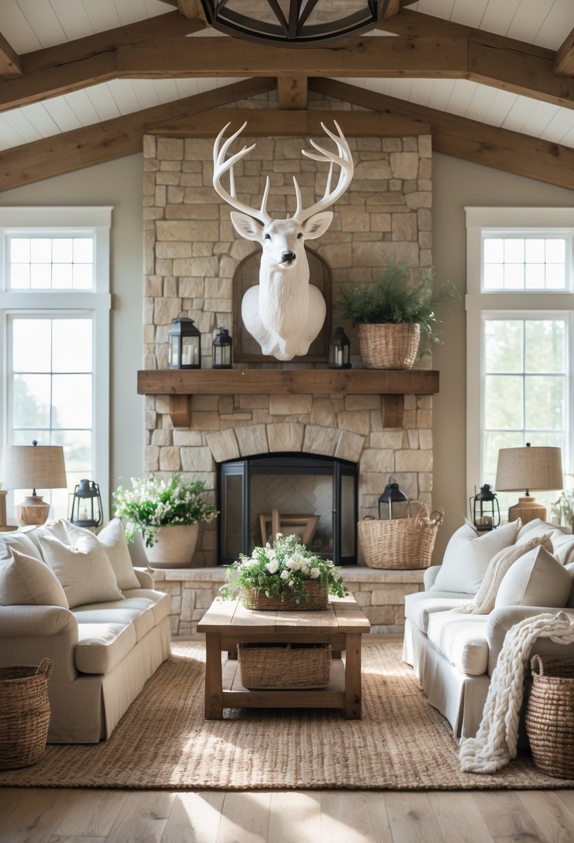 Living room with a whitewashed wooden deer mount above a stone fireplace, surrounded by cozy furniture and rustic decor.