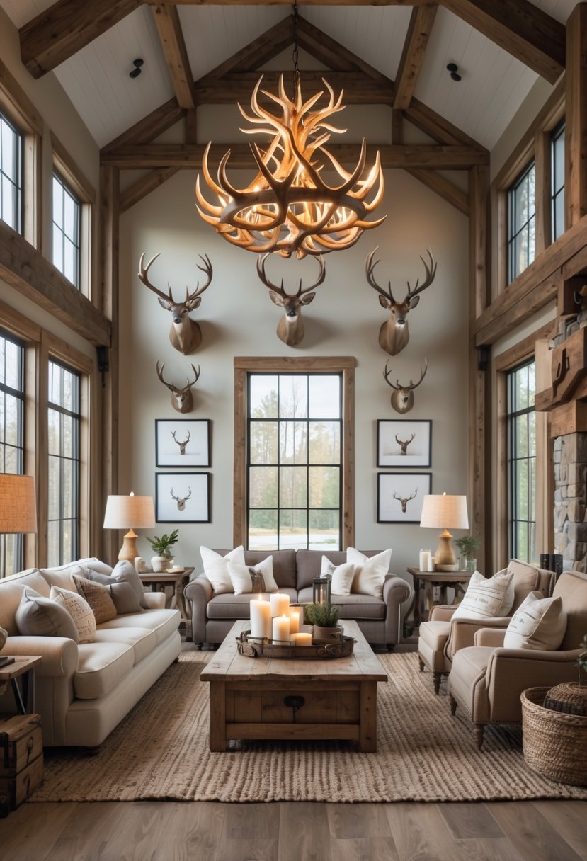A living room with wooden beams, deer mounts on the walls, antler chandeliers, comfortable seating, and a wooden coffee table.