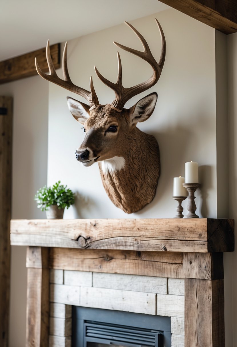 A natural deer head mount displayed above a rustic barn wood mantel in a living room.