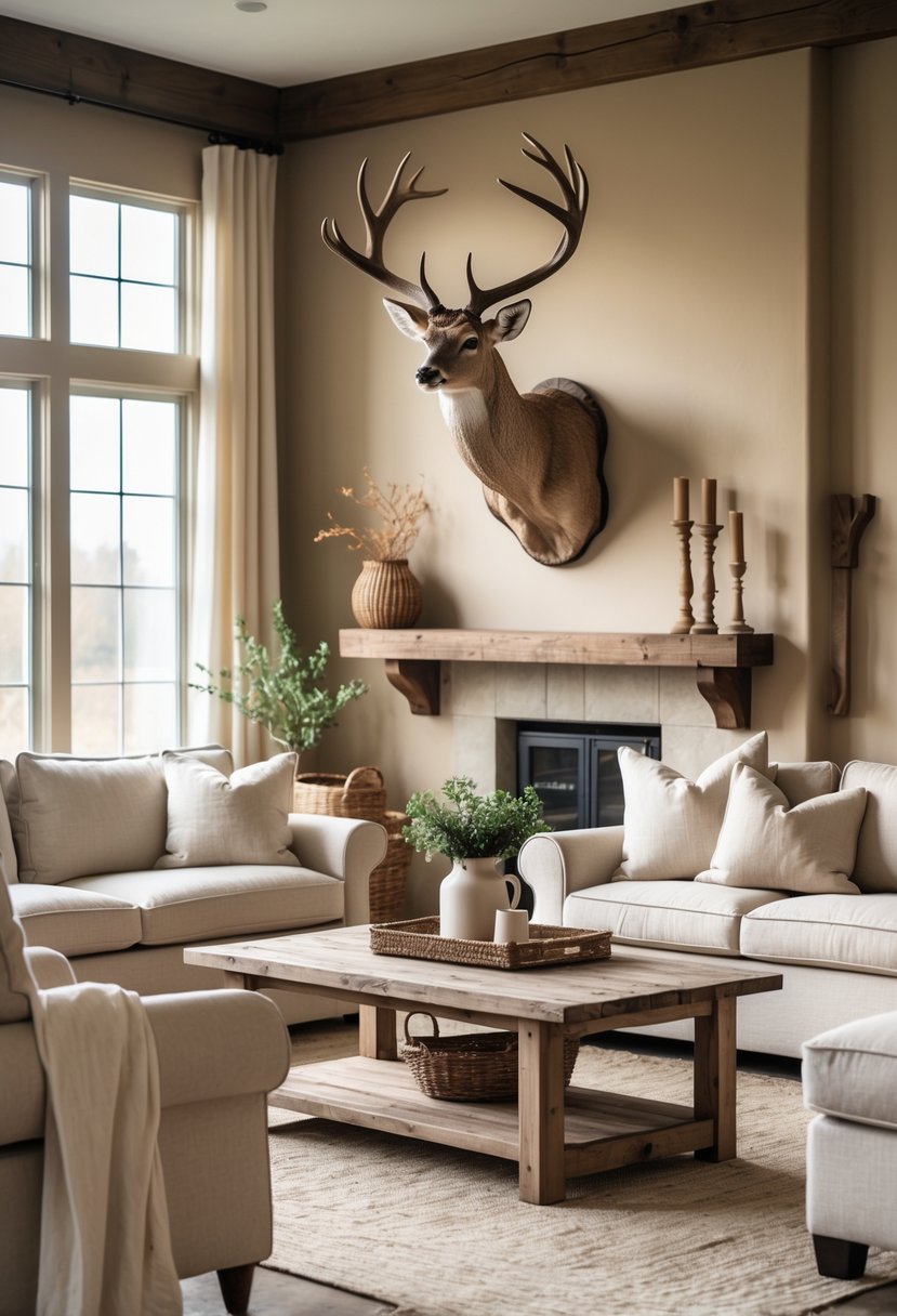 Living room with two neutral linen sofas and a weathered deer mount on the wall above them.